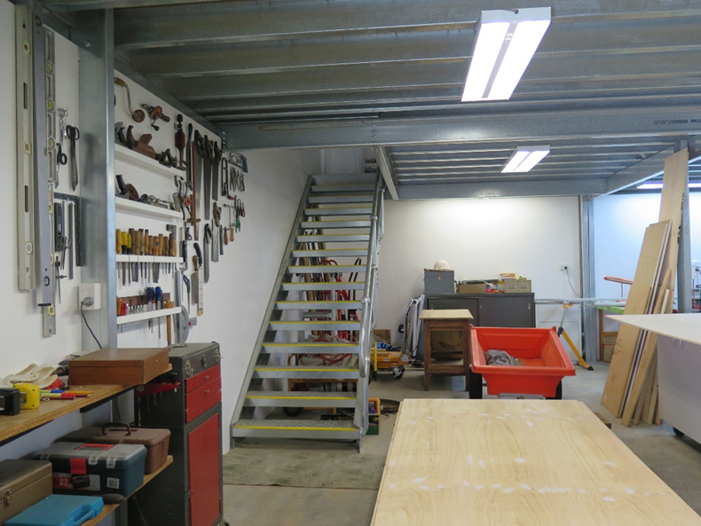 Multipurpose Storage Shed with mezzanine floor and internal stairs